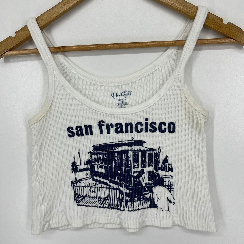 John Galt Brandy Melville San Francisco Cable Car Waffle Knit Crop Tank White‎